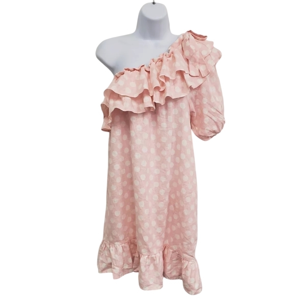 Lisa Marie Fernandez Targer linen pink white polka dot one shoulder dress sz med - Picture 3 of 6